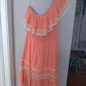 Off Shoulder Coral Peach Lace Vintage Style Dress